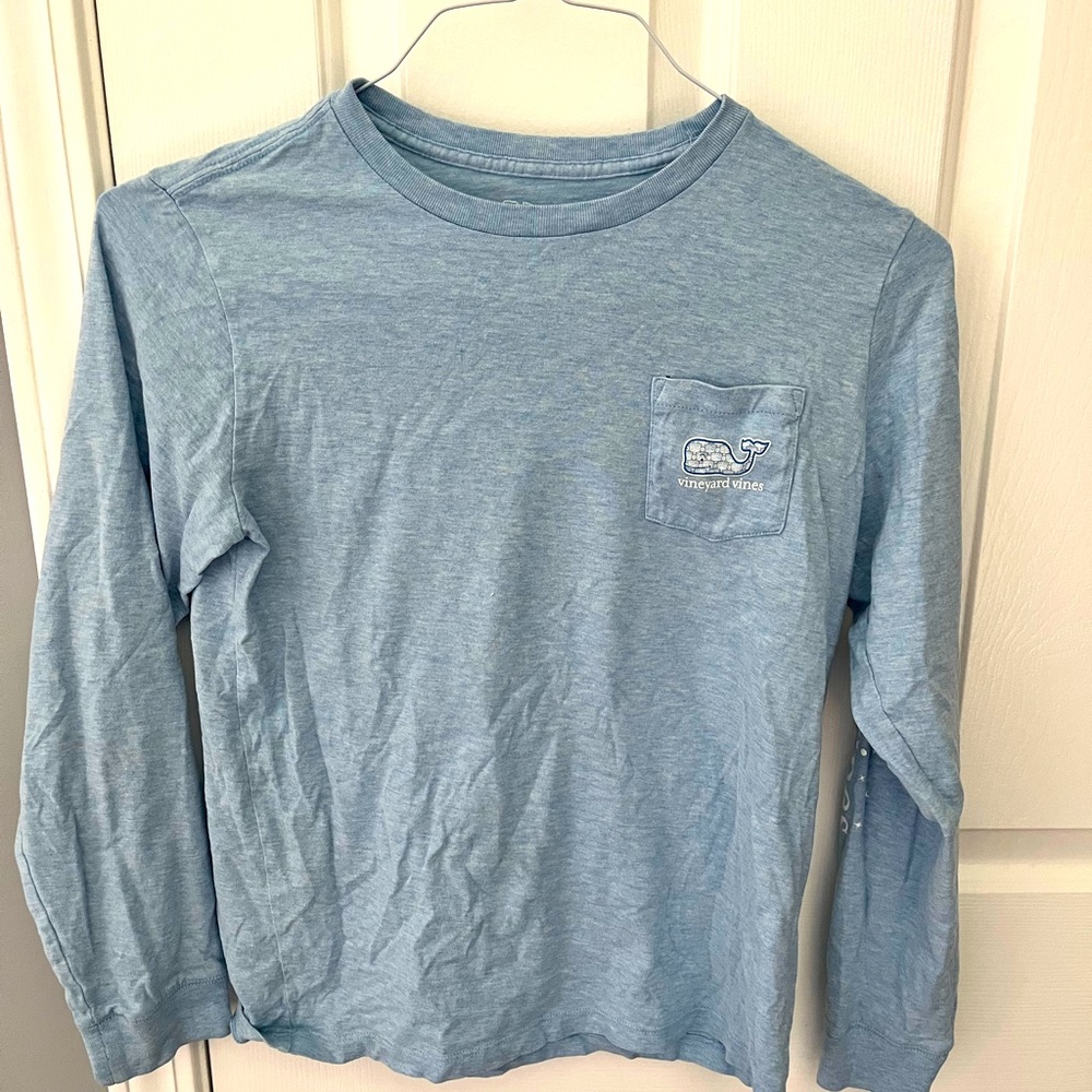 Vineyard Vines blue Happy Hanukkah shirt. Whale has menorahs in it.